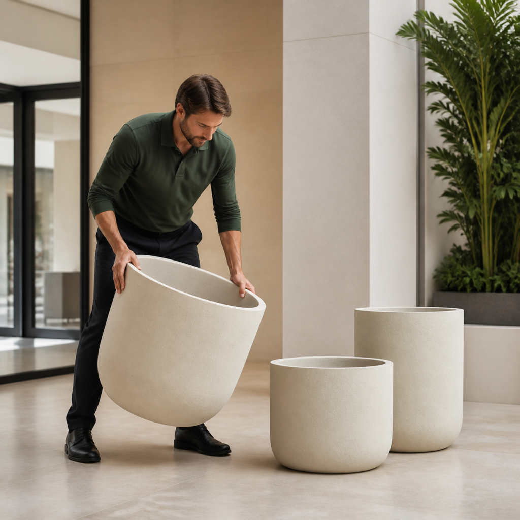 Worker repositioning a large lightweight fiberglass planter