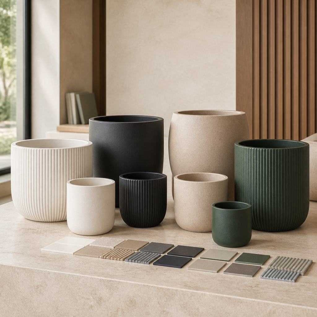 Custom fiberglass planters in different sizes colors and finishes