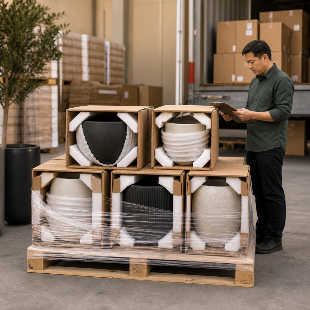 Fiberglass planters protected and packed on a pallet for export