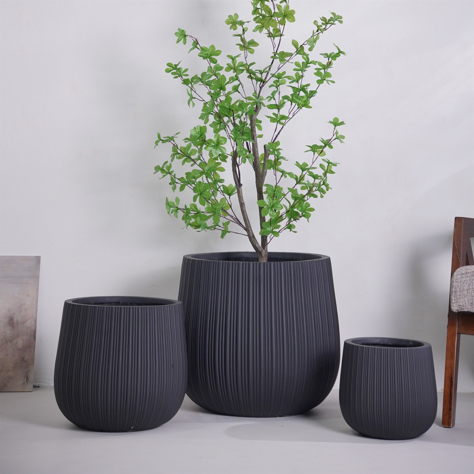LANFONI YT-511 Black ribbed MgO planter set