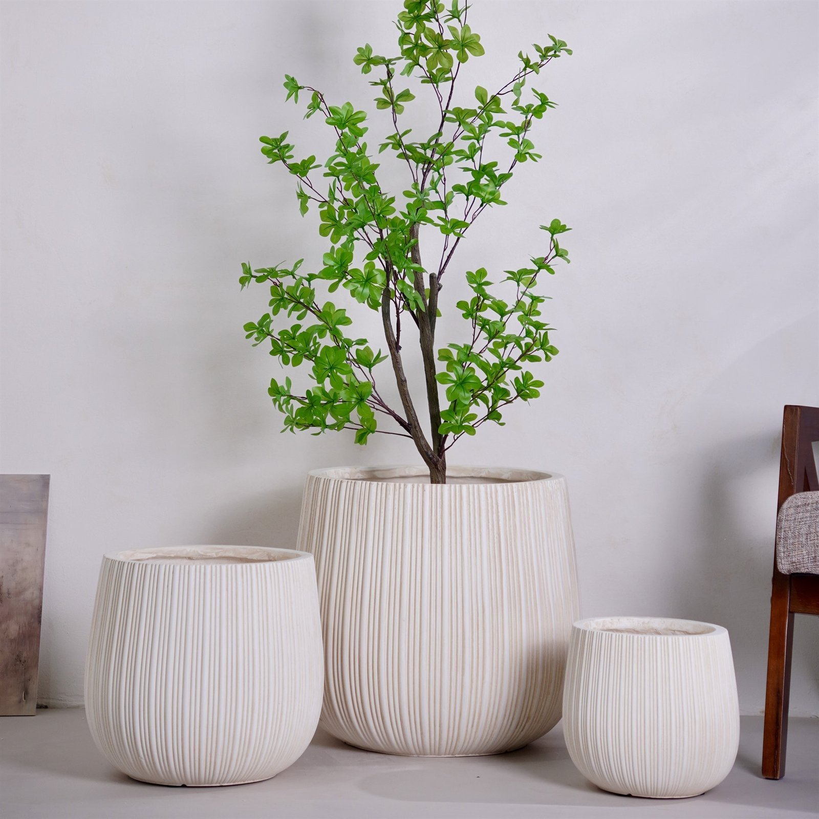 LANFONI YT-511 Cream ribbed MgO planter set