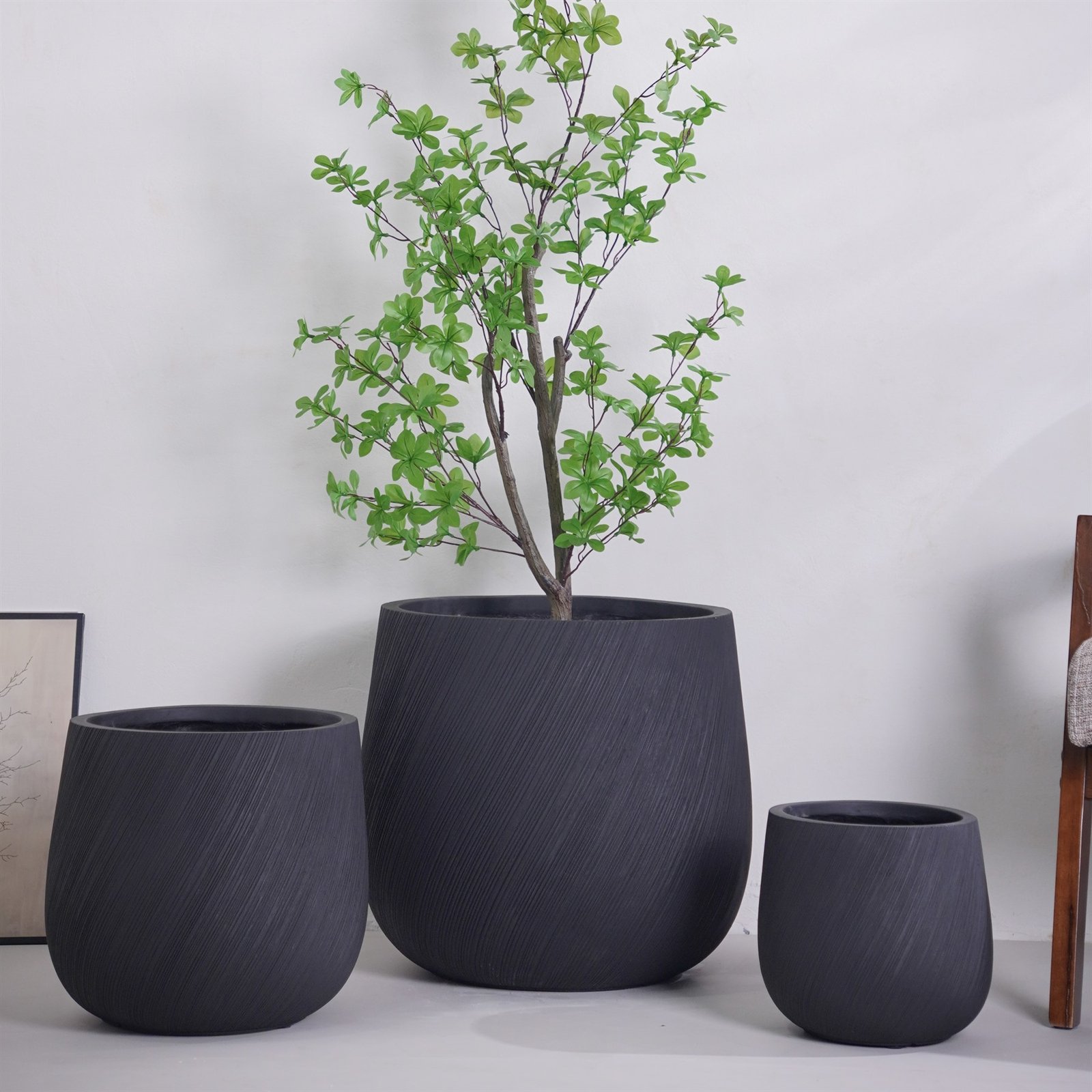 LANFONI YT-520 Black ribbed MgO planter set