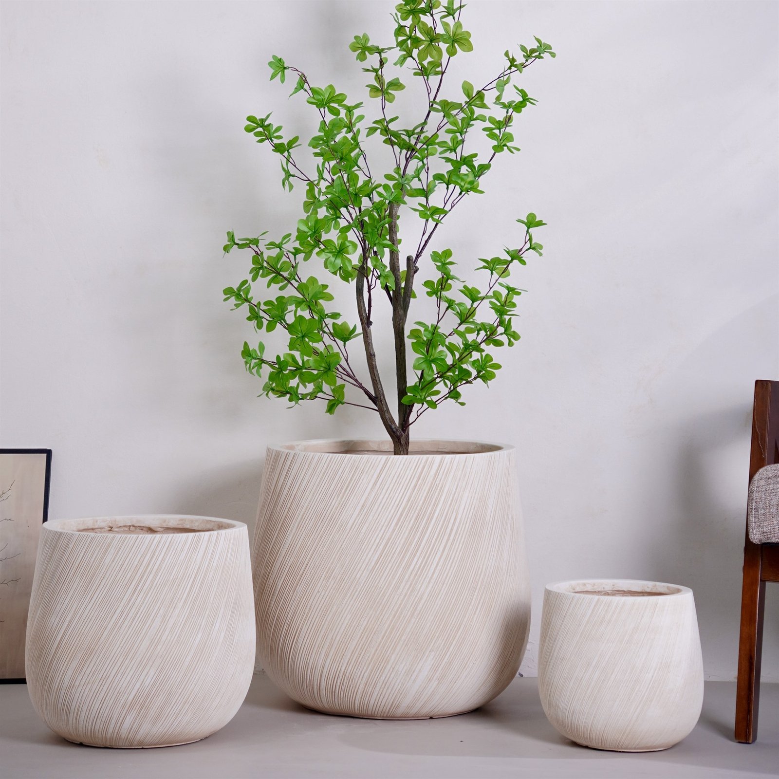 LANFONI YT-520 Cream ribbed MgO planter set