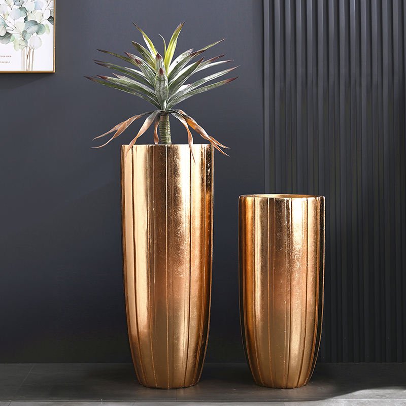Antique Gold Vertical-Ribbed Large Fiberglass Floor Vase