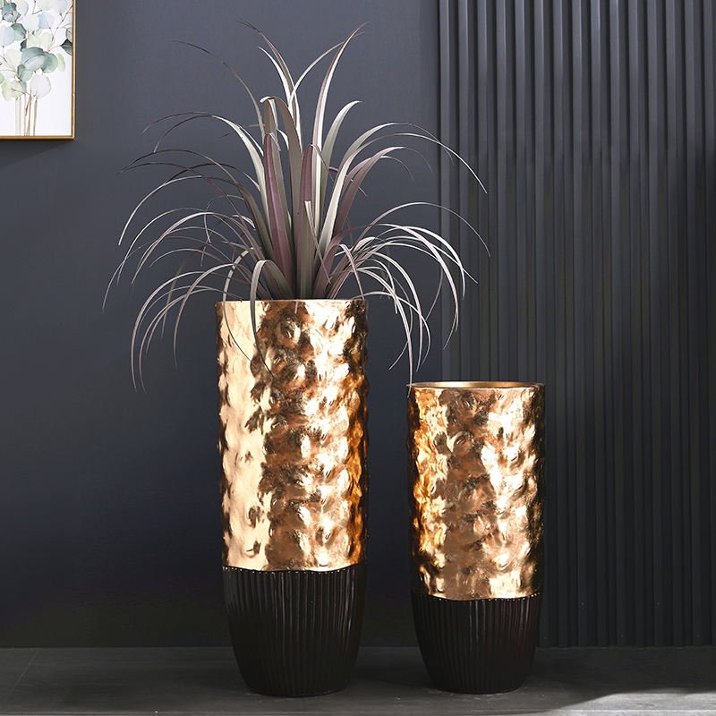 Black and Gold Hammered Two-Tone Large Fiberglass Floor Vase