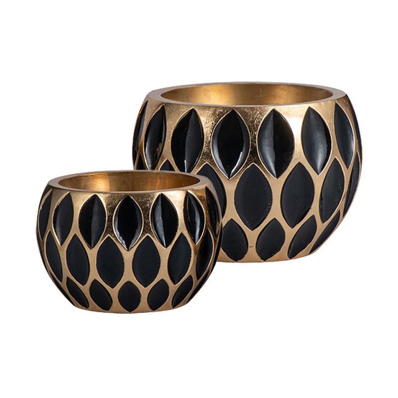 Black and Gold Leaf-Pattern Fiberglass Round Planter
