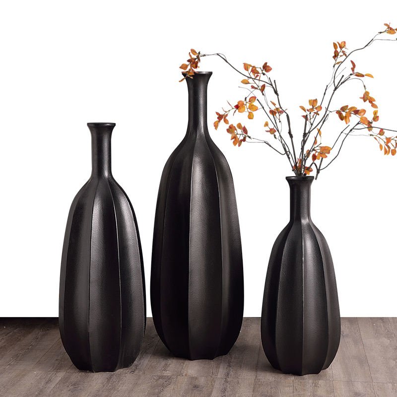 Matte Black Long-Neck Ribbed Fiberglass Floor Vase