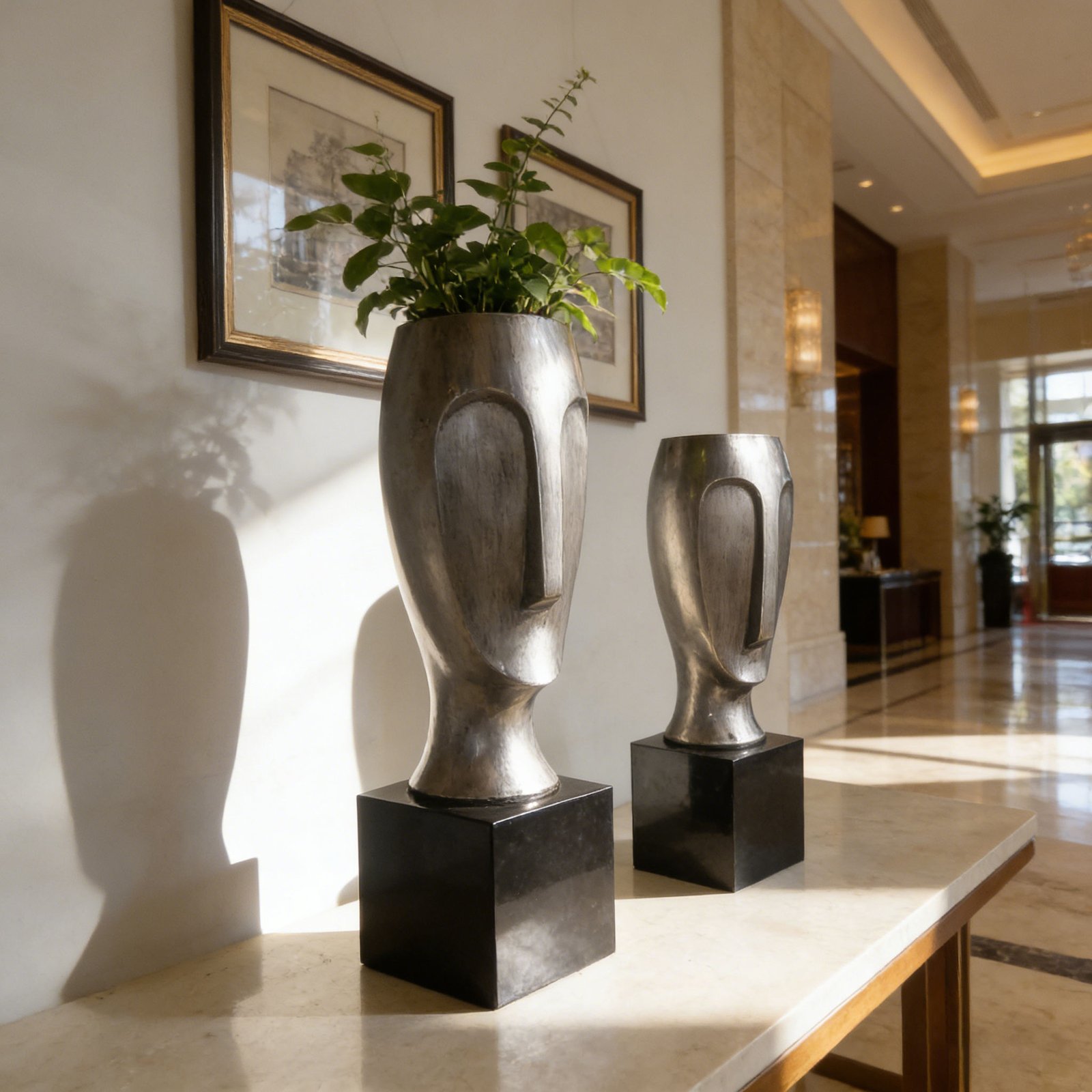 Silver sculptural face fiberglass vases on black pedestal bases