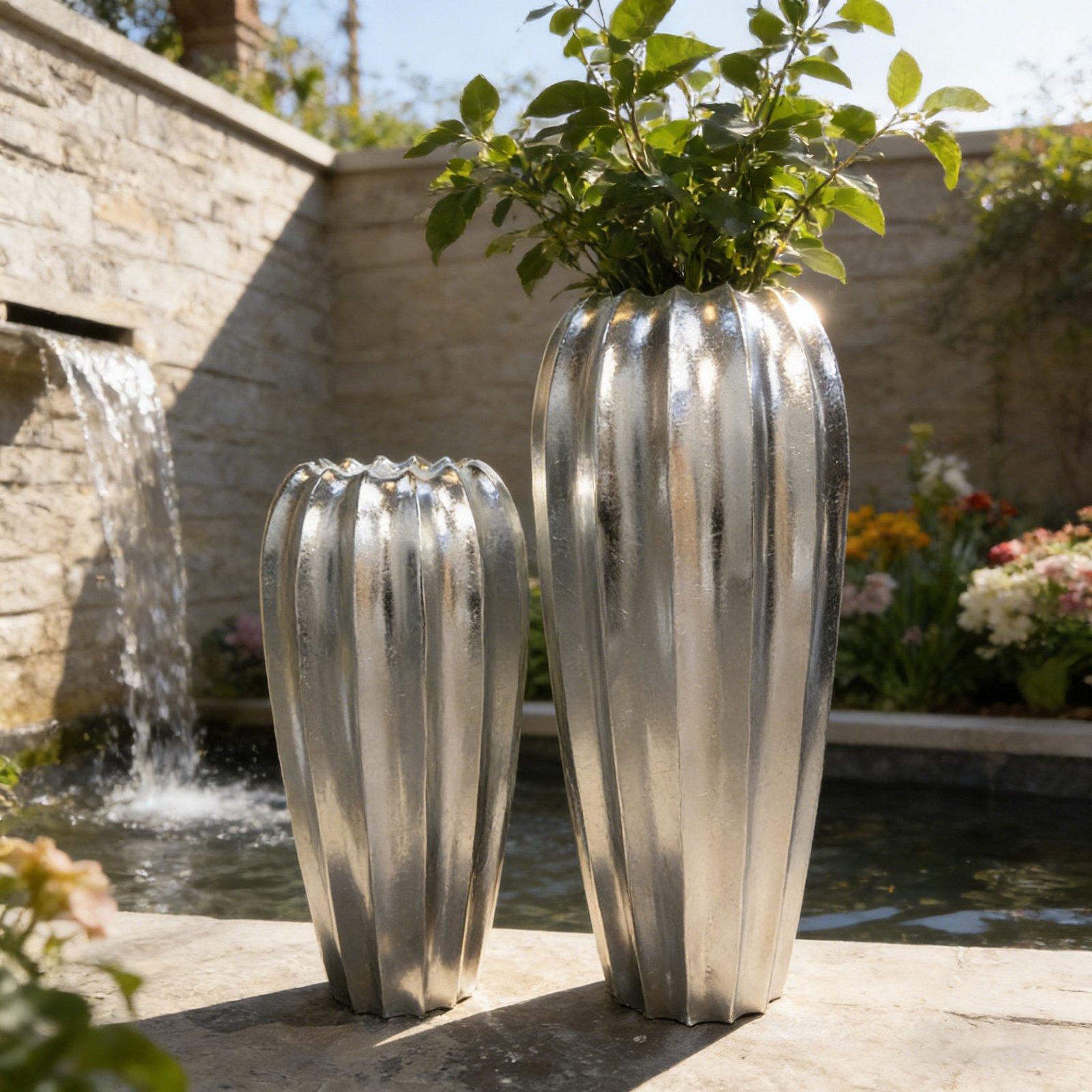 Silver Ribbed Large Fiberglass Floor Vase