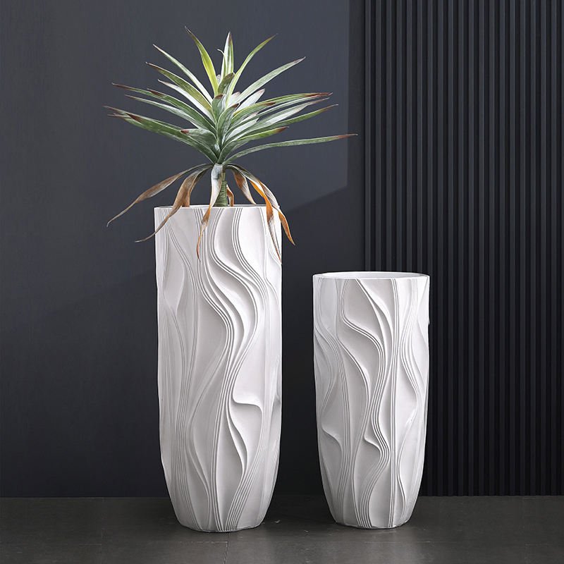 White Abstract Flow-Line Large Fiberglass Floor Vase