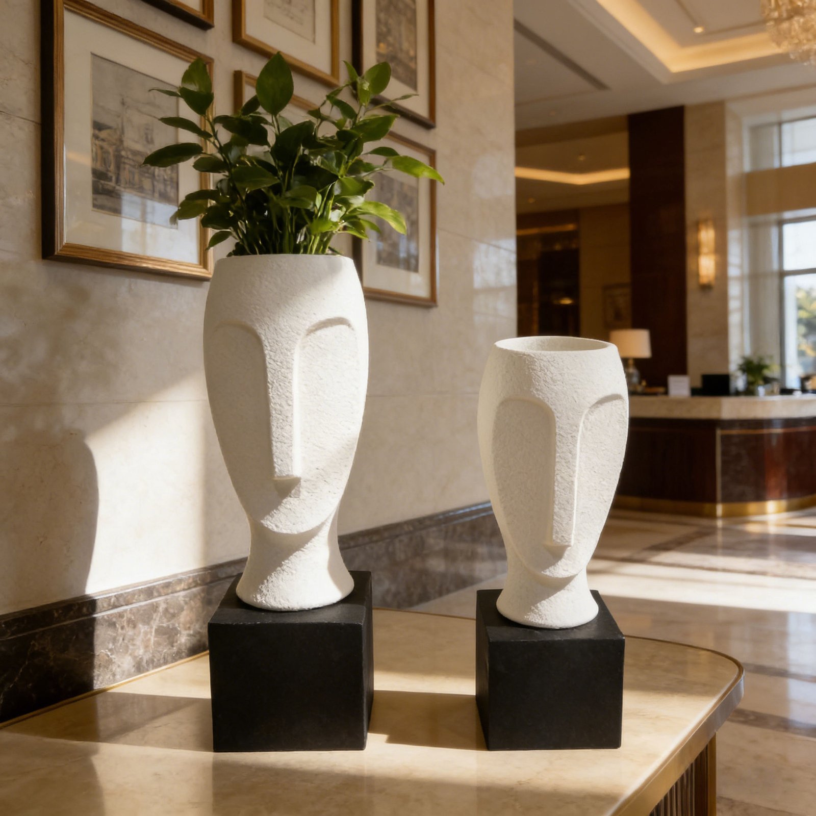 White Abstract Mask Fiberglass Decorative Vase with Square Base