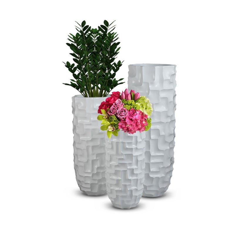 White Block-Relief Large Fiberglass Floor Vase