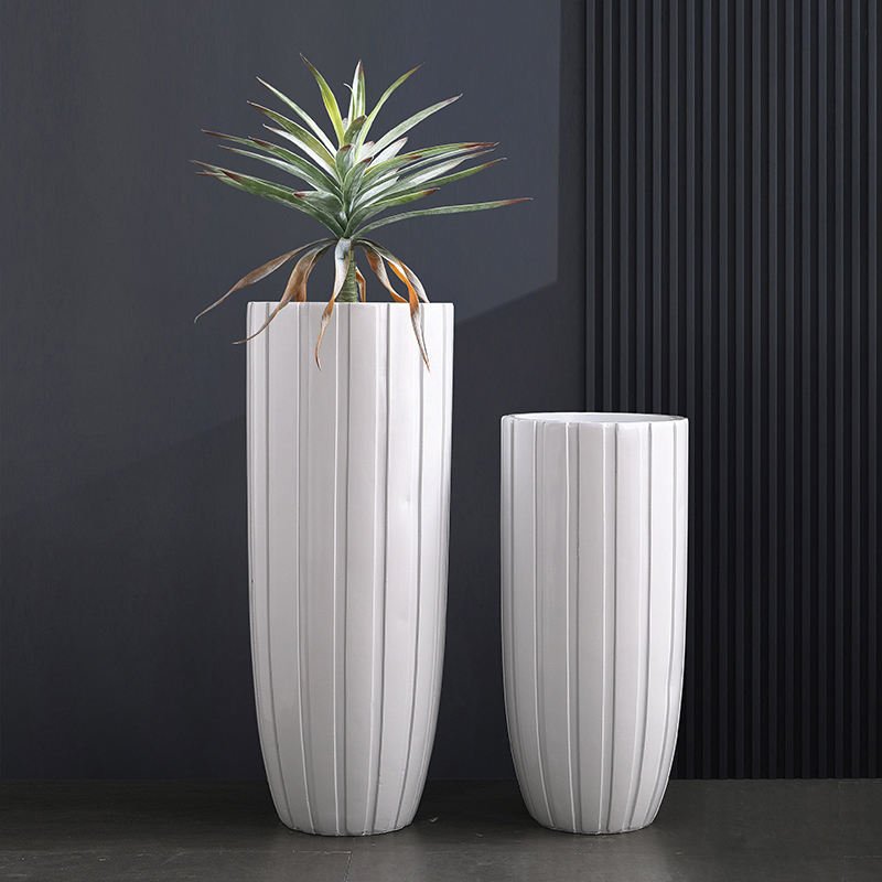 White Fine-Ribbed Large Fiberglass Floor Vase