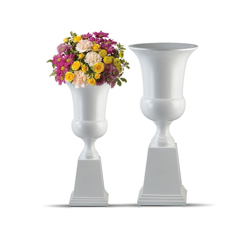 White Flared Urn Fiberglass Wedding Vase with Stepped Square Base