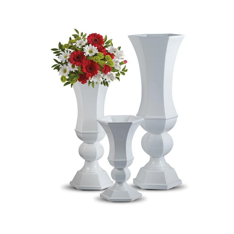 White Geometric Hourglass Fiberglass Wedding Vase with Orb Pedestal