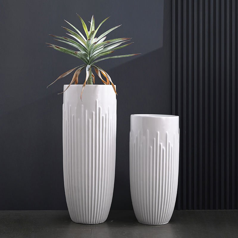 White Graduated-Rib Large Fiberglass Floor Vase