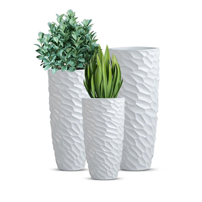 White Hammered-Texture Cylinder Fiberglass Floor Vase