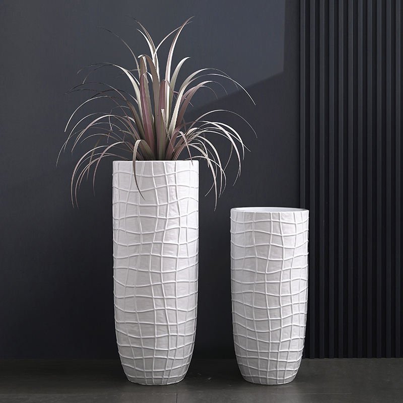 White Irregular Grid-Texture Large Fiberglass Floor Vase