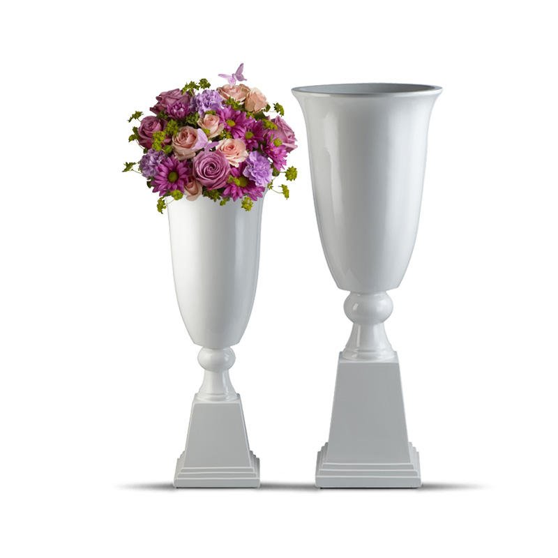 White Tall Goblet Fiberglass Wedding Vase with Stepped Square Base