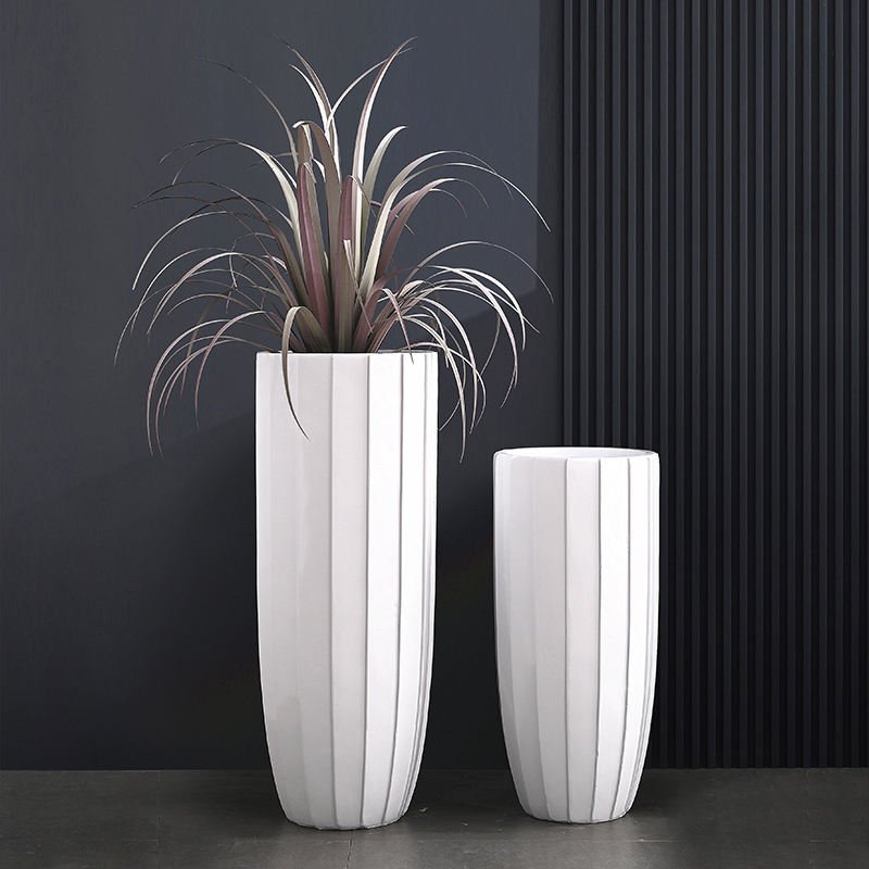 White Vertical-Ribbed Cylinder Fiberglass Floor Vase